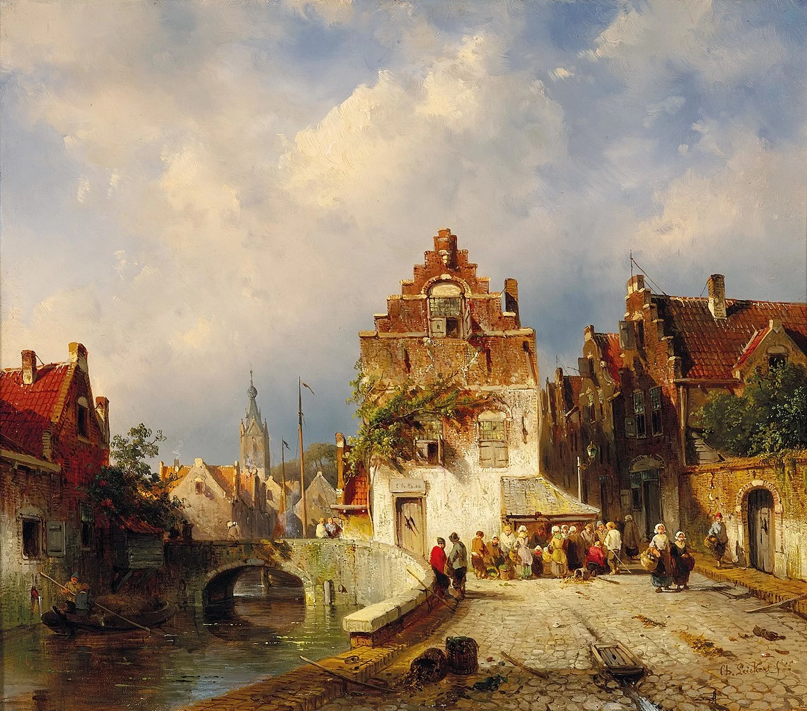 Charles Leickert - Scena cittadina con ponte